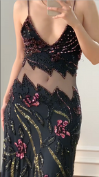 Vintage Black Mermaid Beaded Sequined Floral Cutout Tulle Long Classy Prom Dress