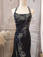 Vintage Black Mermaid Halter Neck Beaded Chiffon Long Classy Prom Dress