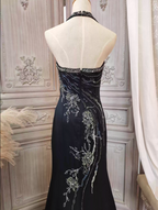 Vintage Black Mermaid Halter Neck Beaded Chiffon Long Classy Prom Dress