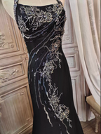 Vintage Black Mermaid Halter Neck Beaded Chiffon Long Classy Prom Dress