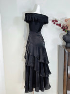 Vintage Black Mermaid One Shoulder Ruffle Satin Classy Prom Dress