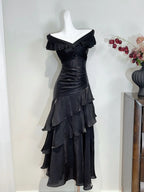 Vintage Black Mermaid One Shoulder Ruffle Satin Classy Prom Dress