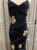 Vintage Black Mermaid Spaghetti Strap Gold Rose Beaded Embroidery Chiffon Long Classy Prom Dress