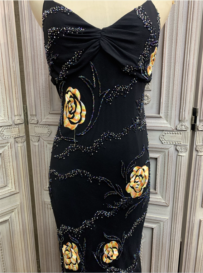 Vintage Black Mermaid Spaghetti Strap Gold Rose Beaded Embroidery Chiffon Long Classy Prom Dress