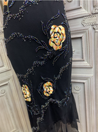 Vintage Black Mermaid Spaghetti Strap Gold Rose Beaded Embroidery Chiffon Long Classy Prom Dress