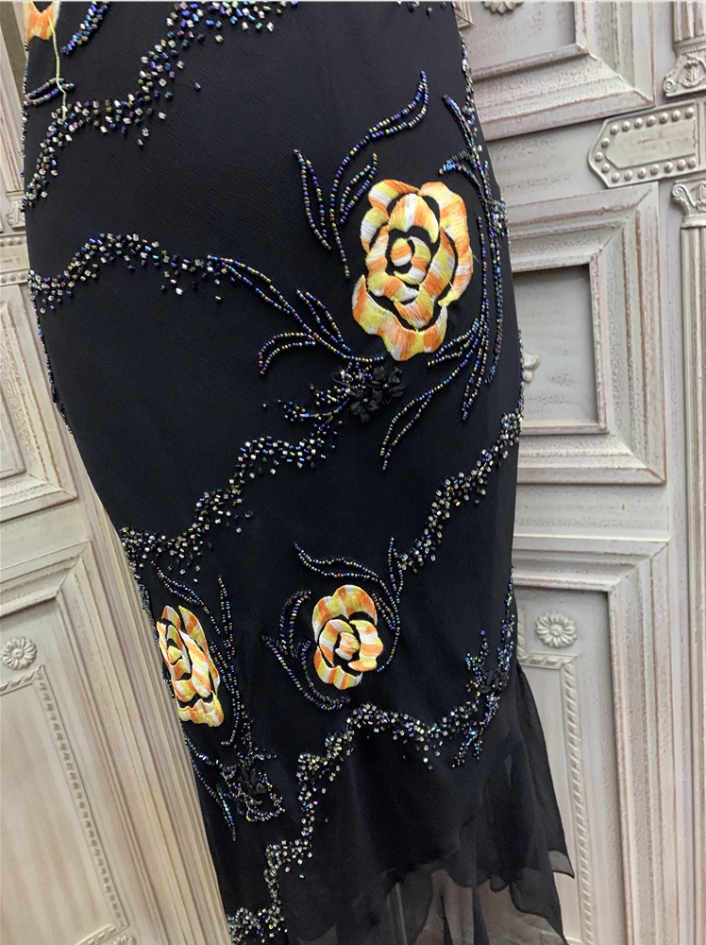 Vintage Black Mermaid Spaghetti Strap Gold Rose Beaded Embroidery Chiffon Long Classy Prom Dress