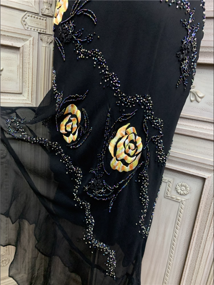 Vintage Black Mermaid Spaghetti Strap Gold Rose Beaded Embroidery Chiffon Long Classy Prom Dress