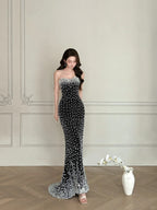 Vintage Black Mermaid Strapless Pearl Velvet Long Classy Prom Dress
