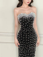 Vintage Black Mermaid Strapless Pearl Velvet Long Classy Prom Dress