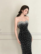 Vintage Black Mermaid Strapless Pearl Velvet Long Classy Prom Dress