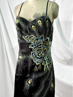 Vintage Black Peacock Feather Embroidered Slim-Fit Satin Long Classy Prom Dress