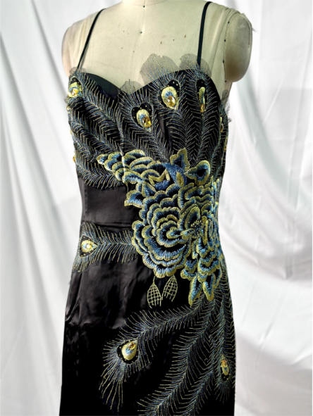 Vintage Black Peacock Feather Embroidered Slim-Fit Satin Long Classy Prom Dress