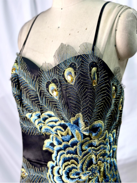 Vintage Black Peacock Feather Embroidered Slim-Fit Satin Long Classy Prom Dress