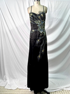 Vintage Black Peacock Feather Embroidered Slim-Fit Satin Long Classy Prom Dress