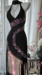 Vintage Black Pink Diamond Halter Neck Chiffon Mermaid Prom Gown Classy Prom Dress