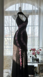 Vintage Black Pink Diamond Halter Neck Chiffon Mermaid Prom Gown Classy Prom Dress