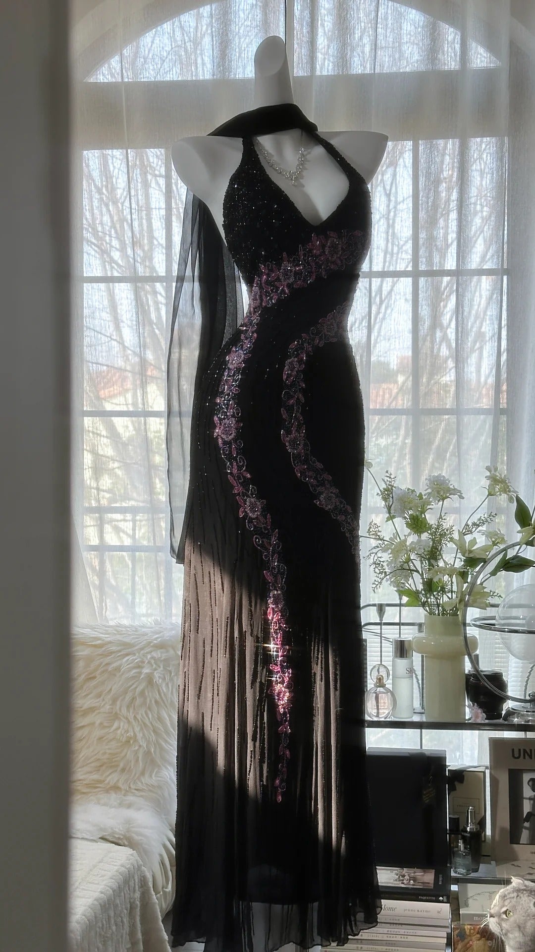 Vintage Black Pink Diamond Halter Neck Chiffon Mermaid Prom Gown Classy Prom Dress