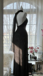 Vintage Black Pink Diamond Halter Neck Chiffon Mermaid Prom Gown Classy Prom Dress