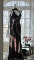 Vintage Black Pink Diamond Halter Neck Chiffon Mermaid Prom Gown Classy Prom Dress