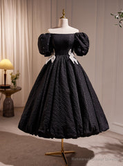 Vintage Black Puff Sleeve Prom Dress