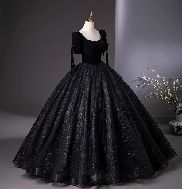 Vintage Black Puff Sleeve Velvet Shimmer Tulle Ball Gown Prom Dress Sweet 16 Dress Secondary image
