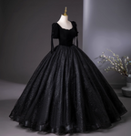 Vintage Black Puff Sleeve Velvet Shimmer Tulle Ball Gown Prom Dress Sweet 16 Dress