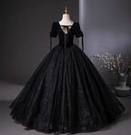 Vintage Black Puff Sleeve Velvet Shimmer Tulle Ball Gown Prom Dress Sweet 16 Dress