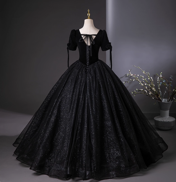 Vintage Black Puff Sleeve Velvet Shimmer Tulle Ball Gown Prom Dress Sweet 16 Dress
