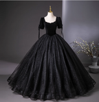 Vintage Black Puff Sleeve Velvet Shimmer Tulle Ball Gown Prom Dress Sweet 16 Dress