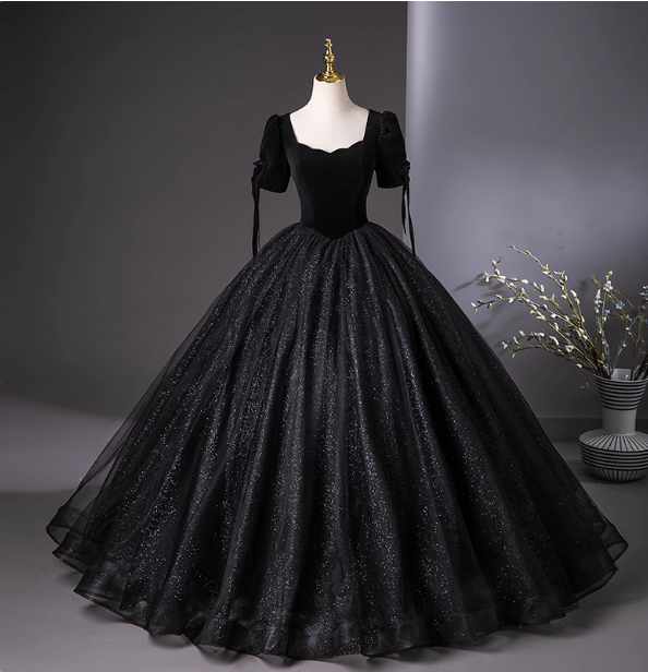 Vintage Black Puff Sleeve Velvet Shimmer Tulle Ball Gown Prom Dress Sweet 16 Dress