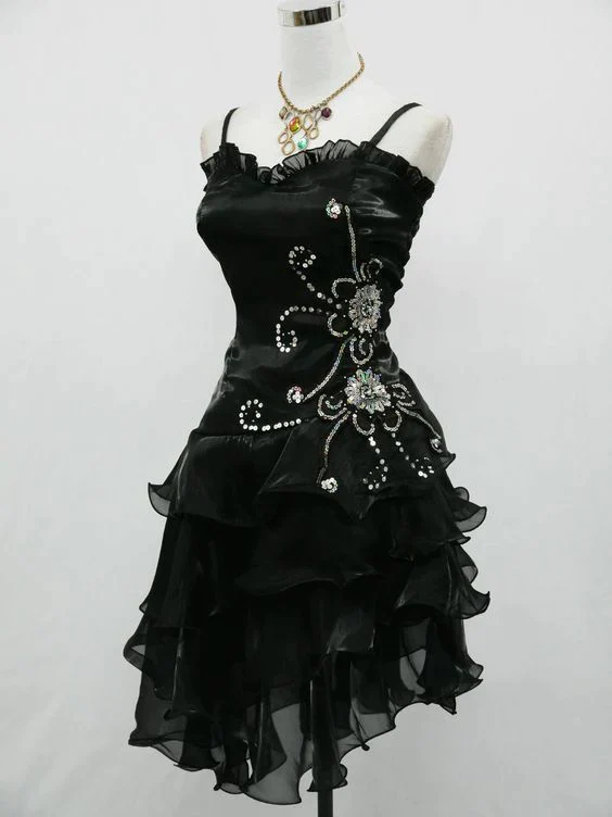 Vintage Black Straps Beaded Classy Evening Dress Ruffled Homecoming Dress