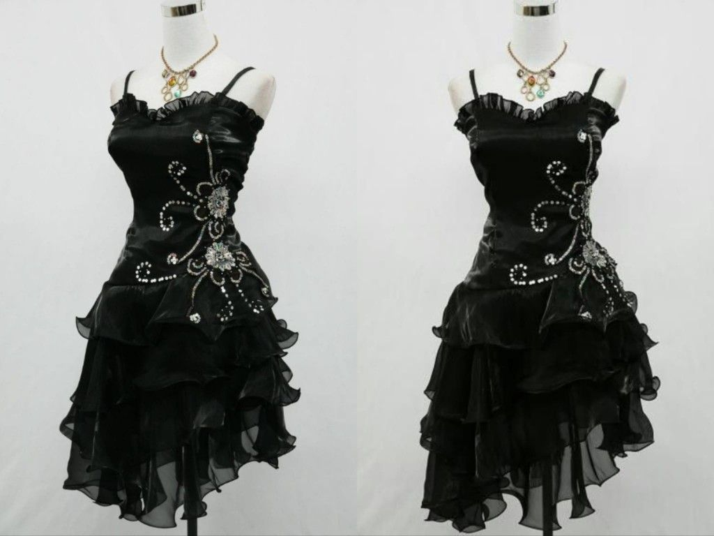 Vintage Black Straps Beaded Classy Evening Dress Ruffled Homecoming Dress