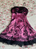 Vintage Black Tulle Lace Pink Satin A-Line Birthday Short Skirt Homecoming Dress