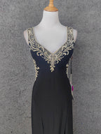 Vintage Black V-Neck Beaded Chiffon Long Classy Prom Dress