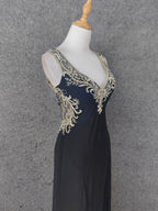 Vintage Black V-Neck Beaded Chiffon Long Classy Prom Dress