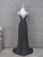Vintage Black V-Neck Beaded Chiffon Long Classy Prom Dress