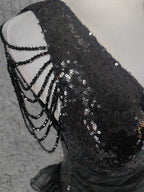 Vintage Black V-Neck Tassel Sequin Tulle Long Classy Prom Dress
