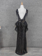 Vintage Black V-Neck Tassel Sequin Tulle Long Classy Prom Dress