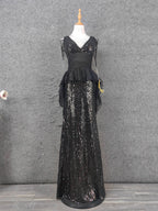 Vintage Black V-Neck Tassel Sequin Tulle Long Classy Prom Dress