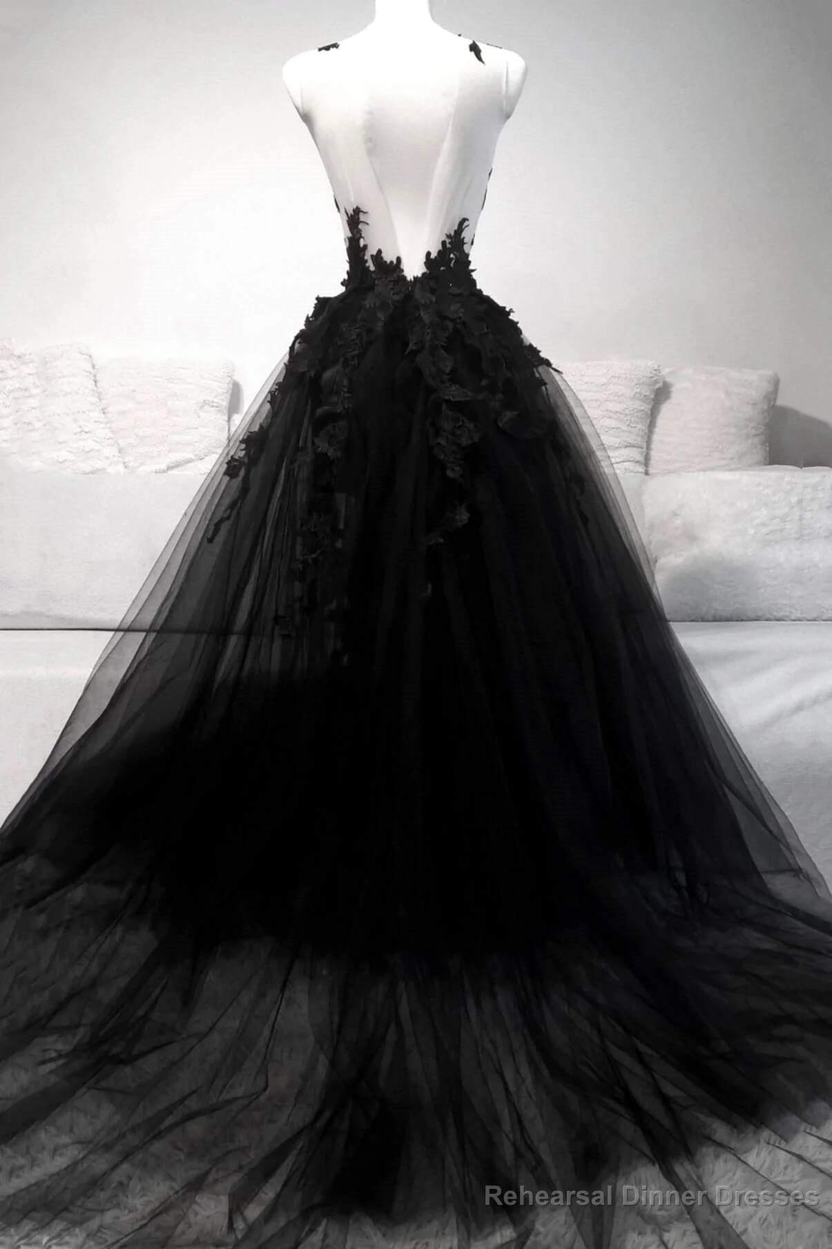 Vintage Black V Neck Tulle Prom Dresses,Formal Dress with Lace Secondary image