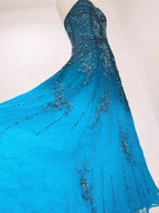 Vintage Blue A-Line Thin Strap Beaded Chiffon Long Classy Prom Dress