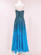 Vintage Blue A-Line Thin Strap Beaded Chiffon Long Classy Prom Dress