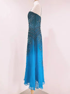 Vintage Blue A-Line Thin Strap Beaded Chiffon Long Classy Prom Dress