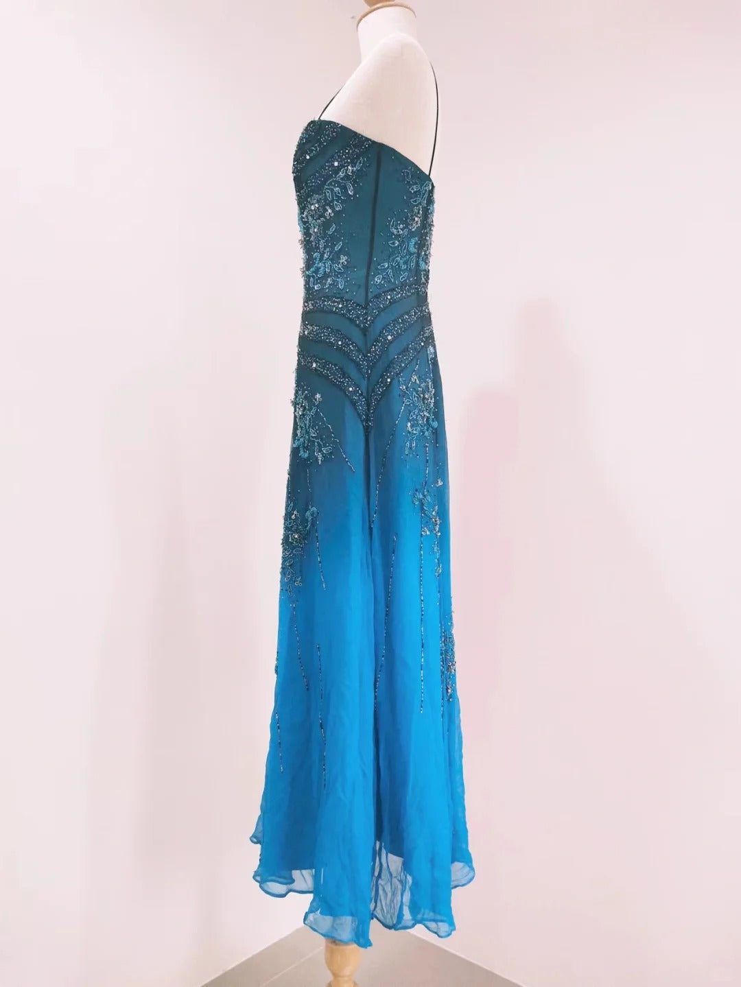 Vintage Blue A-Line Thin Strap Beaded Chiffon Long Classy Prom Dress