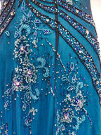 Vintage Blue A-Line Thin Strap Beaded Chiffon Long Classy Prom Dress