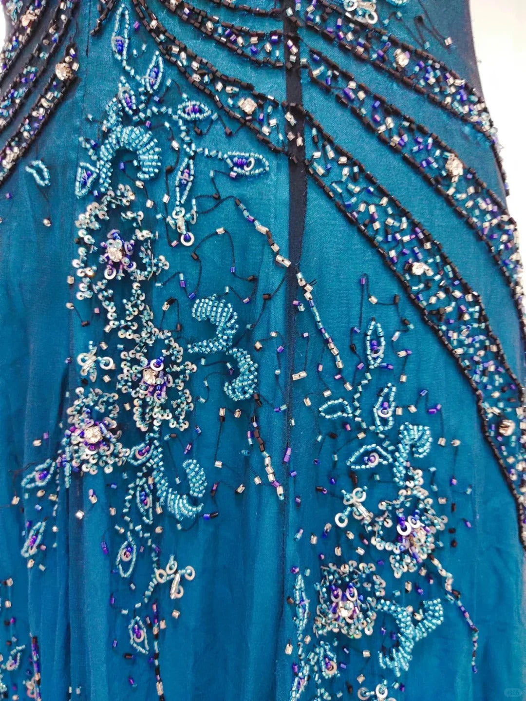 Vintage Blue A-Line Thin Strap Beaded Chiffon Long Classy Prom Dress