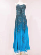 Vintage Blue A-Line Thin Strap Beaded Chiffon Long Classy Prom Dress