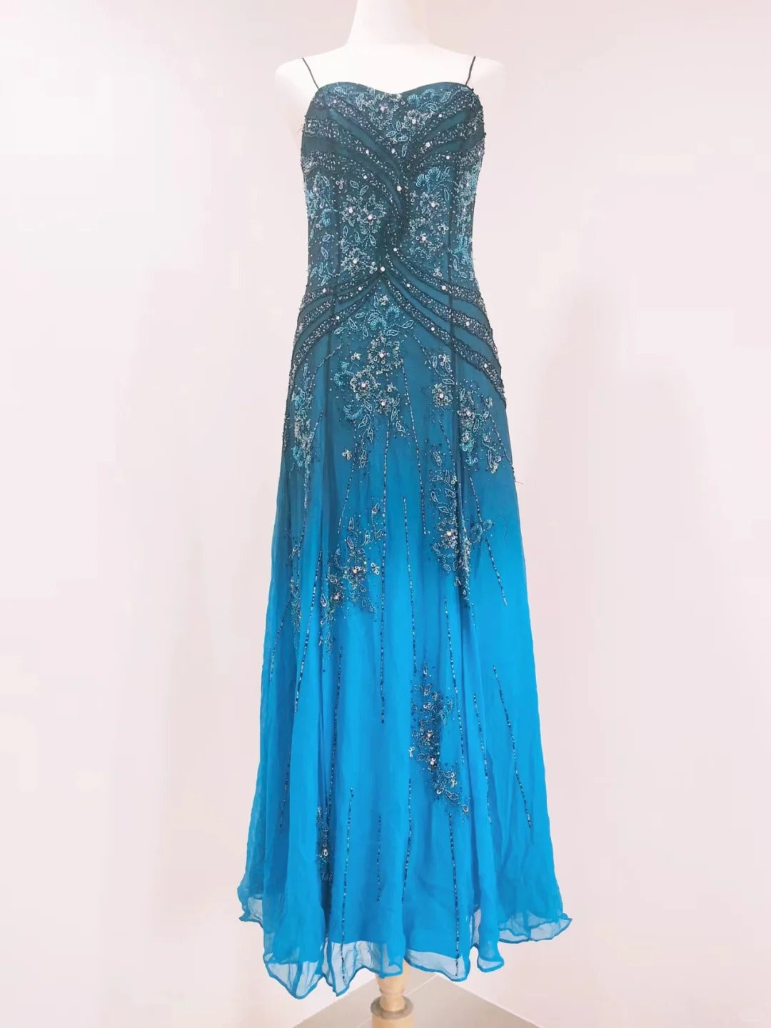 Vintage Blue A-Line Thin Strap Beaded Chiffon Long Classy Prom Dress