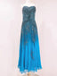 Vintage Blue A-Line Thin Strap Beaded Chiffon Long Classy Prom Dress