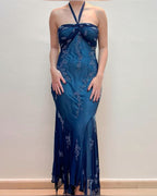 Vintage Blue Chiffon Long Classy Prom Dress Elegant Beaded Party Dress